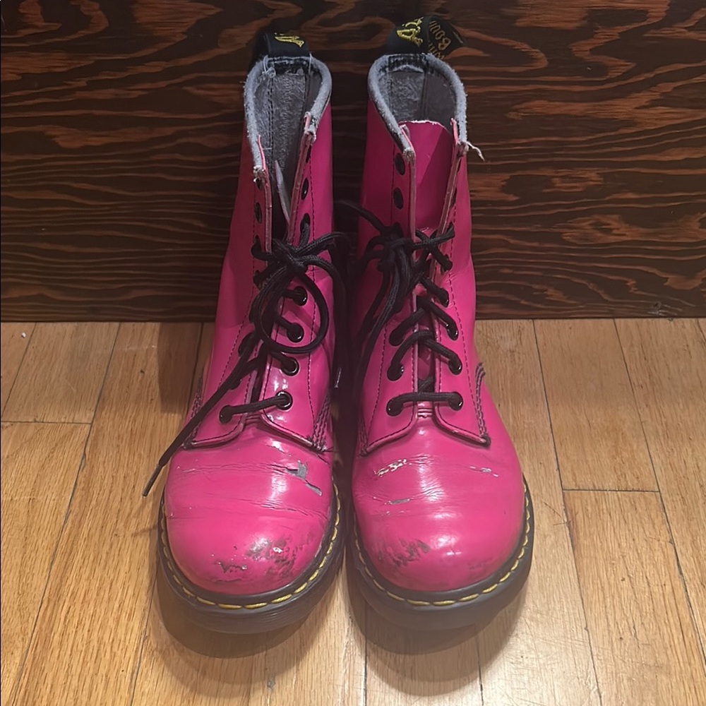 Dr. Martens Pink Combat Boots with Glossy Finish